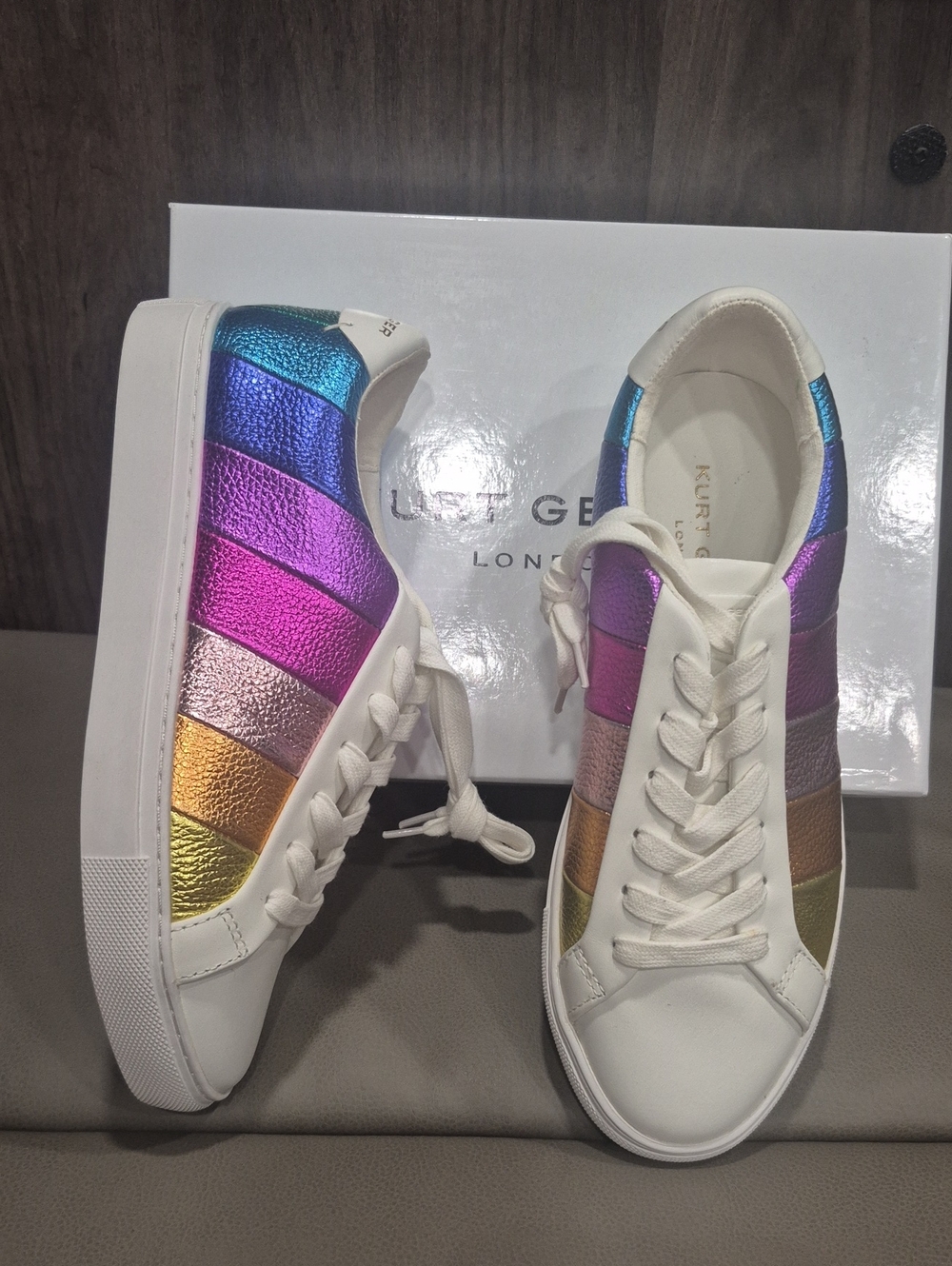 8.5 Kurt Geiger White Sneakers with Metallic Rainbow Stripes